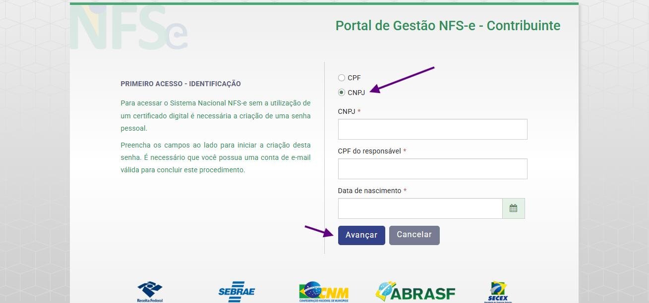Tela de identificação com as opções CPF e CNPJ