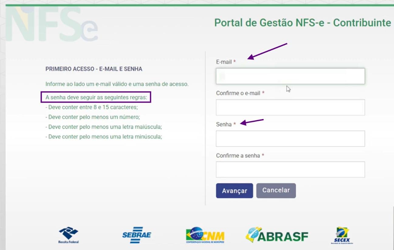 Tela de cadastro de e-mail e senha com as regras da senha