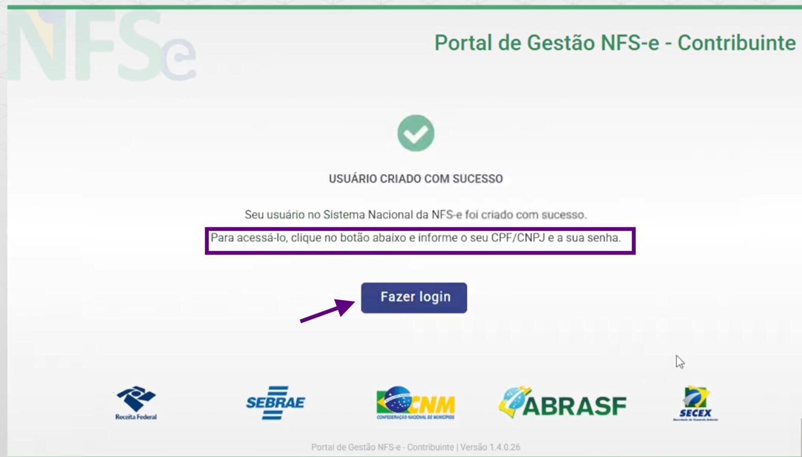 Tela de usuário criado com sucesso