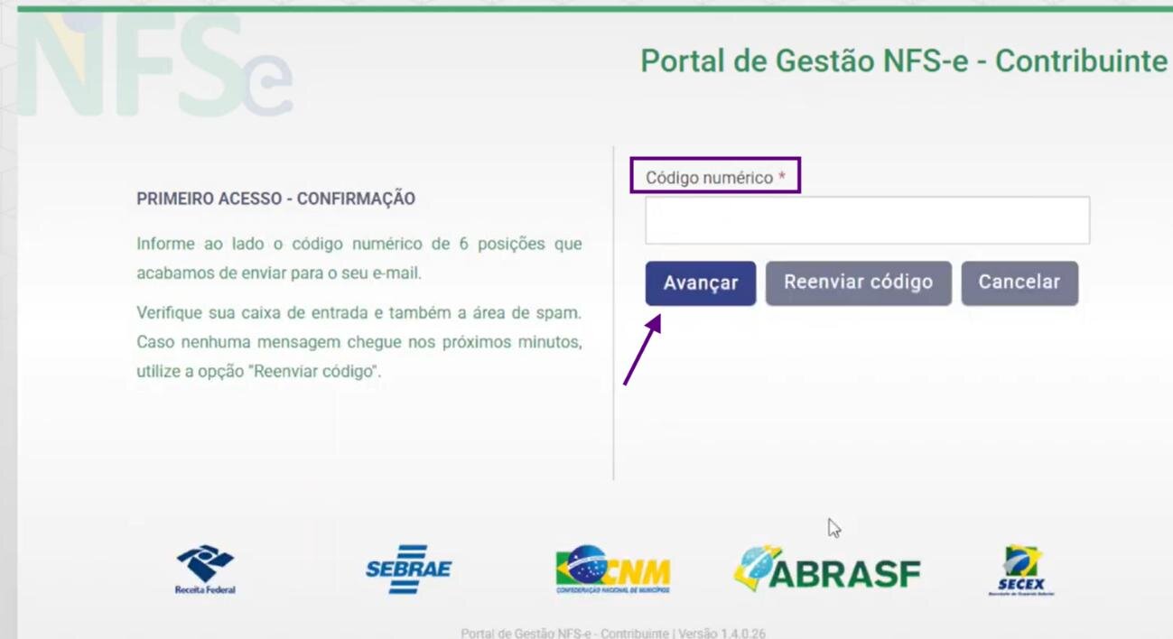 Tela de confirmação pedindo o código numérico